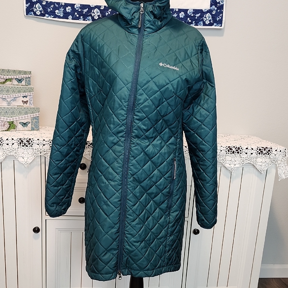 Columbia Woman's Puffer Forest Green Hooded Coat Size L Omni Heat Insulated